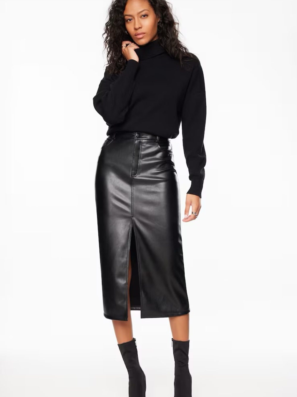 Dynamite Black Faux Leather Midi Skirt with Front Slit